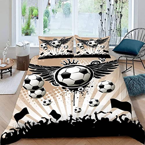 Parure de lit 3 pièces en microfibre douce avec housse de couette à fermeture éclair et motif ballon de football 3D - Pour lit double