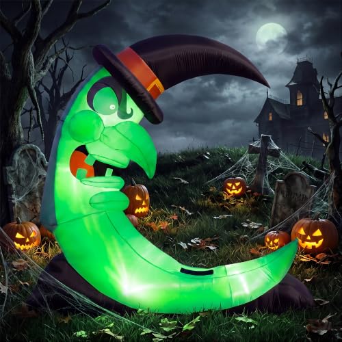 9FT Green Witch Moon Halloween Inflatables Outdoor Decorations, with stool and LED lights, $44.99, Amazon - image 1