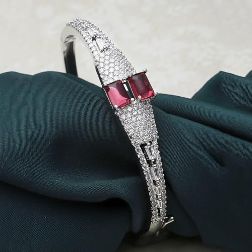Image of ZENEME Rhodium-Plated Square Shaped American Diamond Studded Kada Bracelet For Girls and Women