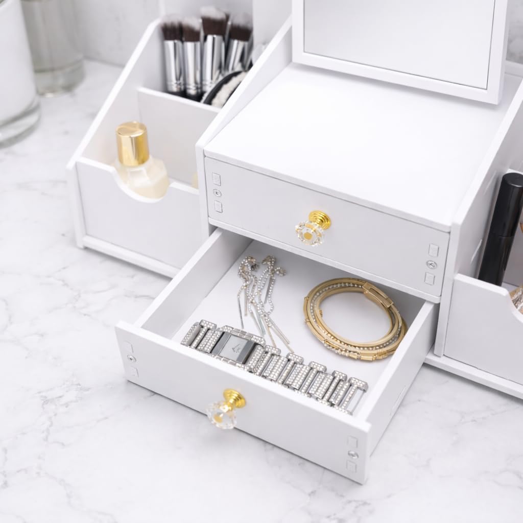 Makeup Organizer with Square Mirror, Vanity Organizer with Drawers and Compartments, Countertop for Skincare, Cosmetic Display Case for Bathroom or Dresser Storage