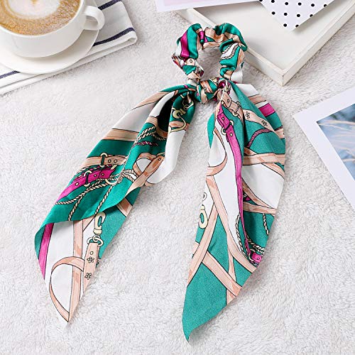 8 Pcs Hair Scarf Scrunchie, Hair Scrunchies with Bow, Chiffon Floral Scrunchie Hair Bands Satin Scarf Ponytail Holder for Women (Color C) - Thumbnail 5