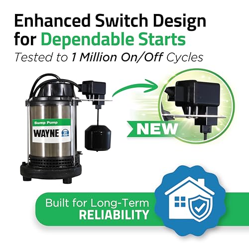 Image of Wayne 1 HP Heavy Duty Submerisble Cast Iron and Stainless Steel Sump Pump with NEW Switch - Removes up to 6,100 Gallons of Water Per Hour