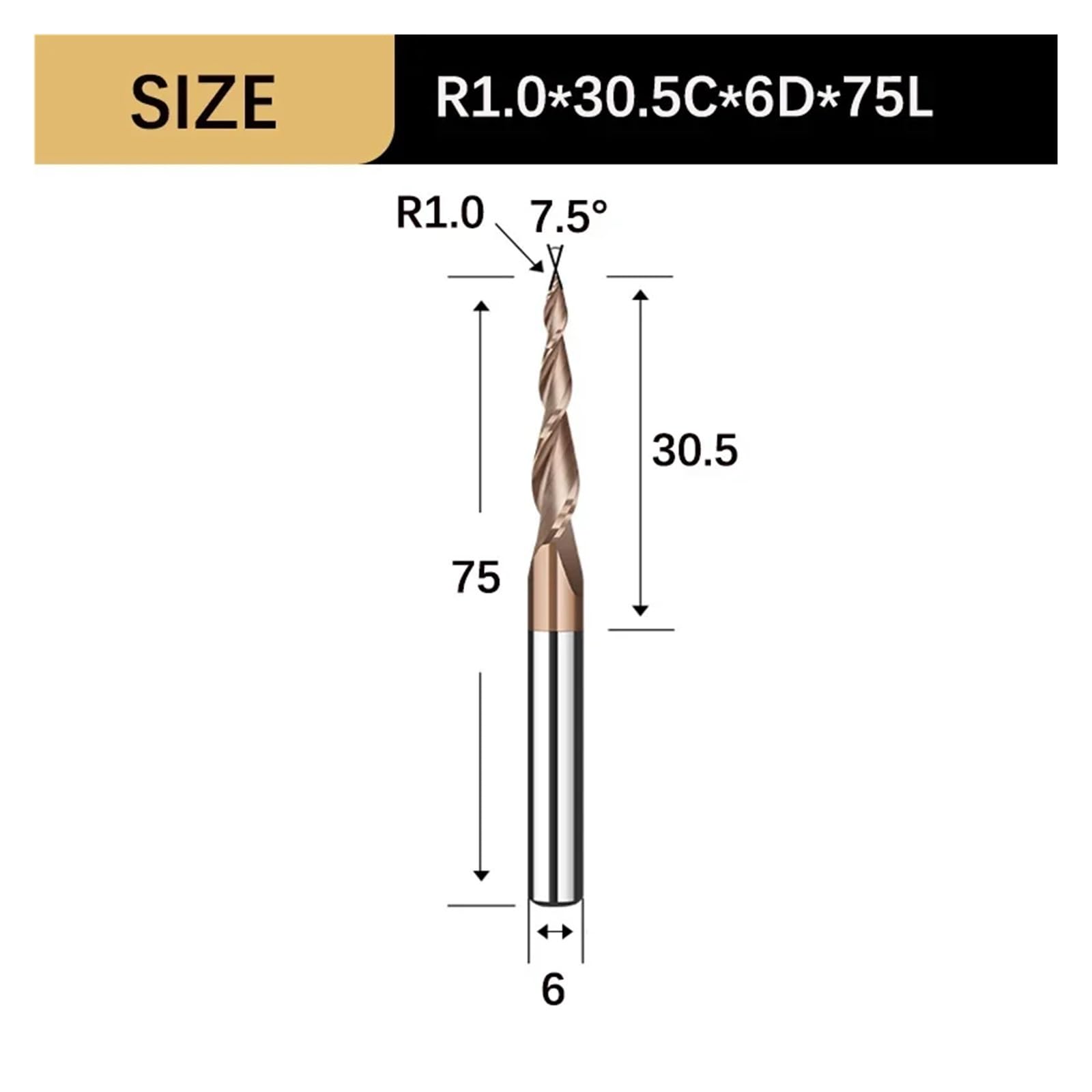 Frez walcowo-czołowy stożkowy z węglika spiekanego, trzpień 6 mm, 2 ostrza, frez do drewna CNC, frezy do rzeźbienia 2D i 3D