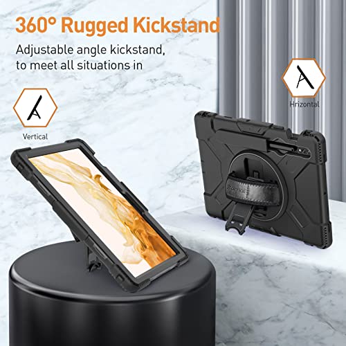 Groleoa Samsung Galaxy Tab S8 Case 11 Inch: Tablet S7 Case 2022 Three-Layer Shockproof Rugged Cover With S Pen Holder - Adjustable Shoulder Strap - 360 Rotating Handle & Kickstand - Black #TOP6
