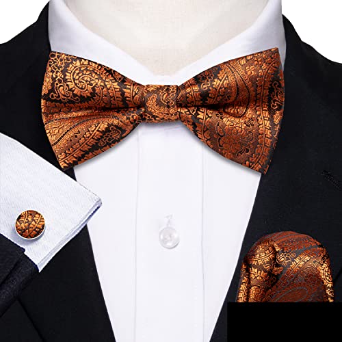 Image of Barry.Wang Paisley Striped Bow Tie for Men Silk Pre-Tied Bowtie Pocket Square Cufflinks Set Formal Wedding Party Prom