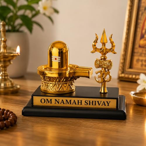 Image of Shivling with Trishul Gold Plated Idol for Car Dashboard, Home Decor & Office Desk | Om Namah Shivay Shiva Lingam Murti | Spiritual Gift Item for Pooja & Housewarming