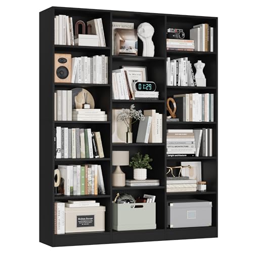 Triple Wide Bookshelf, 6 Tier Large Bookshelf, Bookcase with 17 Open Display Shelves, 74” Tall Bookcases and Bookshelves for Living Room, Home Office, Library, Black