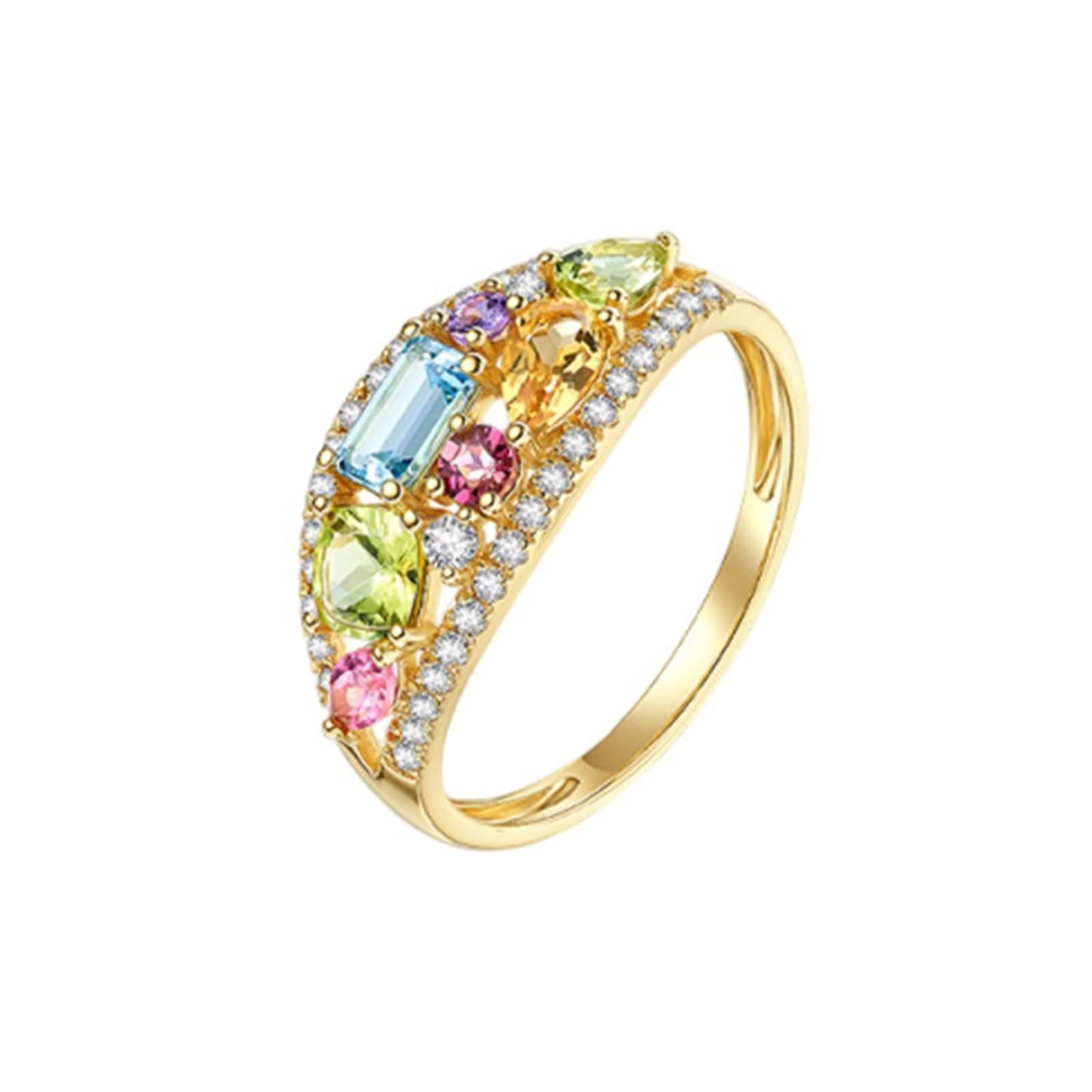 9K damski pierścionek z żółtego złota, geometryczny z kolorowymi kamieniami szlachetnymi 1,2 ct, pierścionek ślubny, żółte złoto, rozmiar 11 (51 mm)