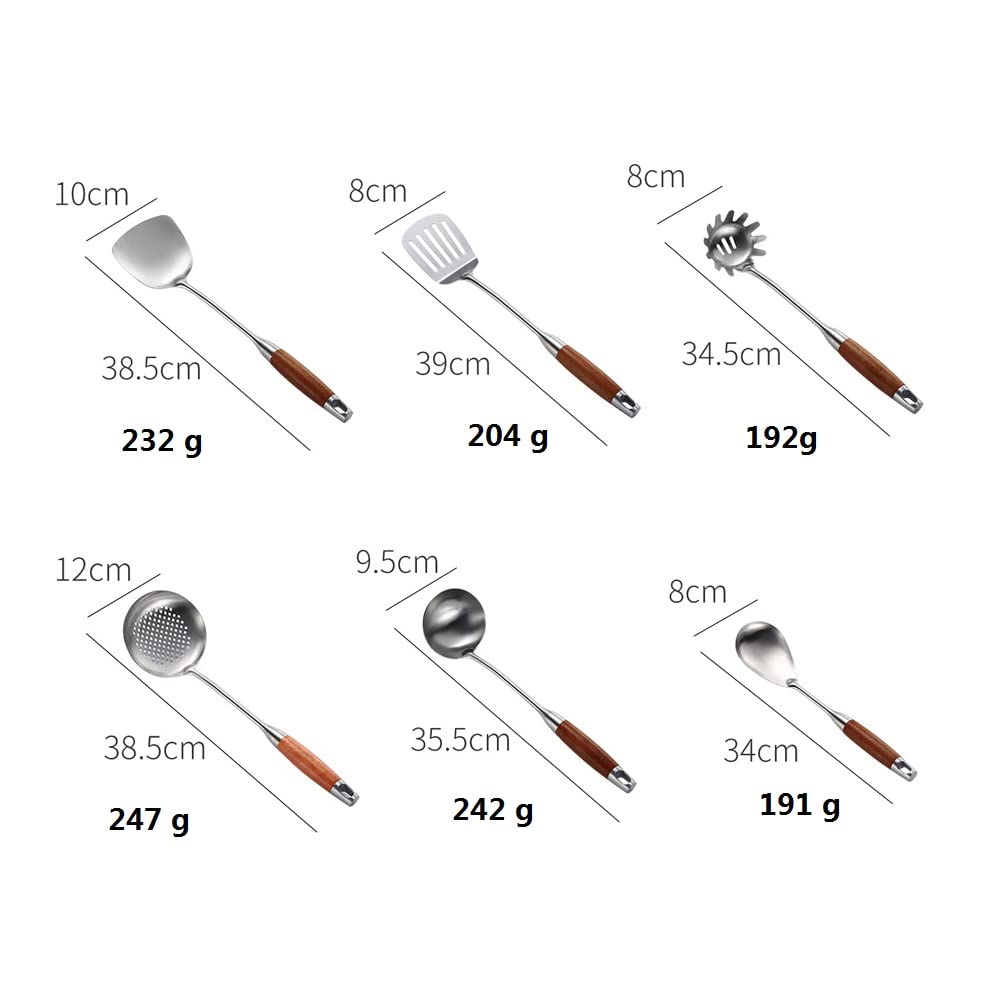 6 Pièces Set de Cuisine Inox avec Cuillères, Spatules et Ustensiles, Manche Stratifié en Poirier