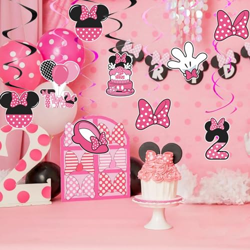 Image of Pink 2nd Birthday Hanging Swirl Decorations,Mouse Birthday Party Ceiling Streamers,Pink Mouse Theme Party Supplies,Party Favors for Girls Kids(38 Pcs)