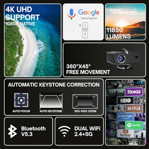 Image of Ghost X6 Smart Projector | Native 1080P Full HD, 4K Support | 11850 Lumens | Android with Built-in Smart Apps | Auto Focus, Keystone & Obstacle Avoidance | 360 Swivel Stand | Dual WiFi & Bluetooth