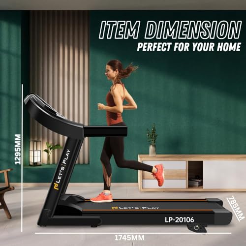 Image of LET'S PLAY 4HP Peak Motorized Treadmill for Home Gym Workout, Manual Incline Foldable Running Machine, 110Kg User Weight, Max Speed 12 km /hr, Bluetooth Speaker