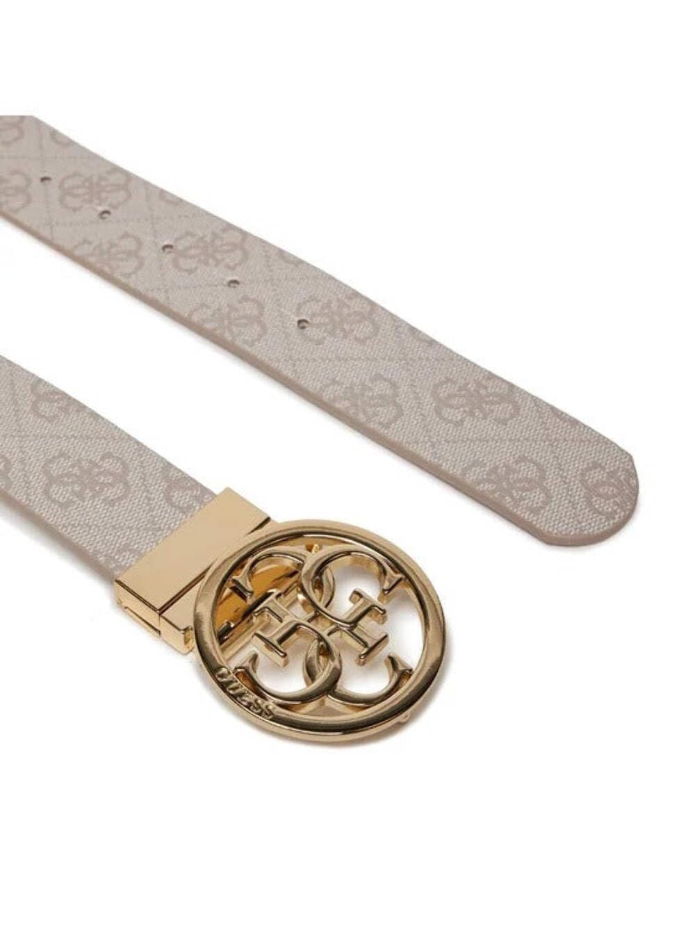 GUESS Ceinture pour femme avec logo, boucle dorée circulaire, design monogramme beige