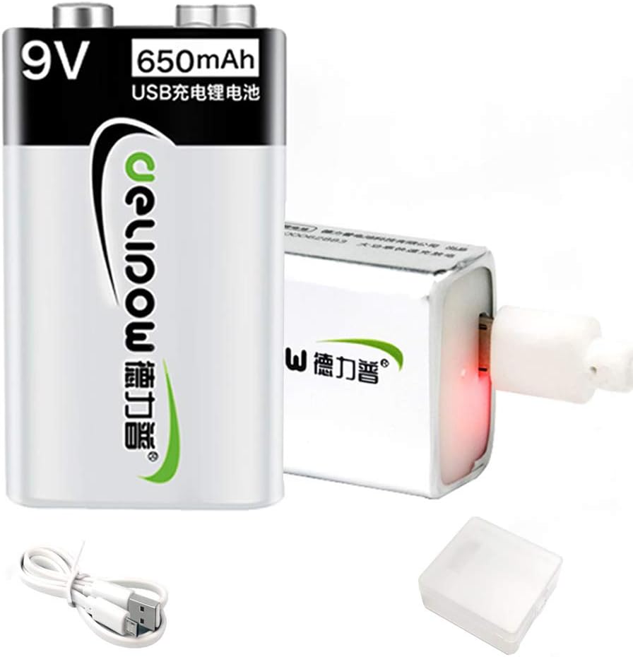 Deleepow 9V Lithium ion USB Rechargeable Battery, High Capacity 650mAh USB Rechargeable 9V Battery, 1.5 H Fast Charge, 800 Cycle with Micro USB Cable, 2-Pack