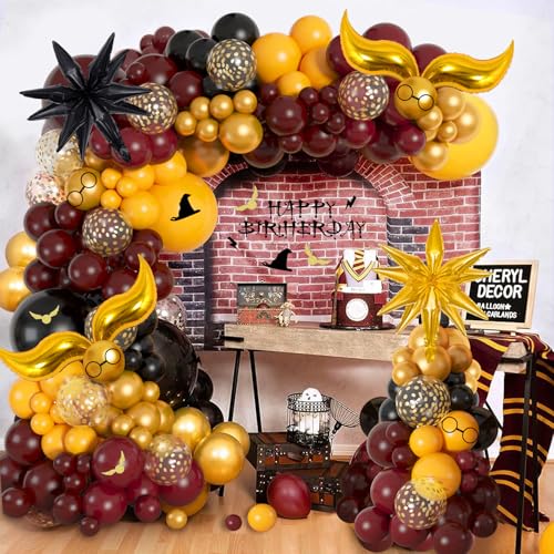 Image of Ouddy Life 172pcs Magical Wizard School Balloons Garland Arch Kit | Burgundy Black Gold Yellow Confetti Snitch Star Foil Balloon for Magic Themed Birthday Decorations Baby Shower Party Supplies