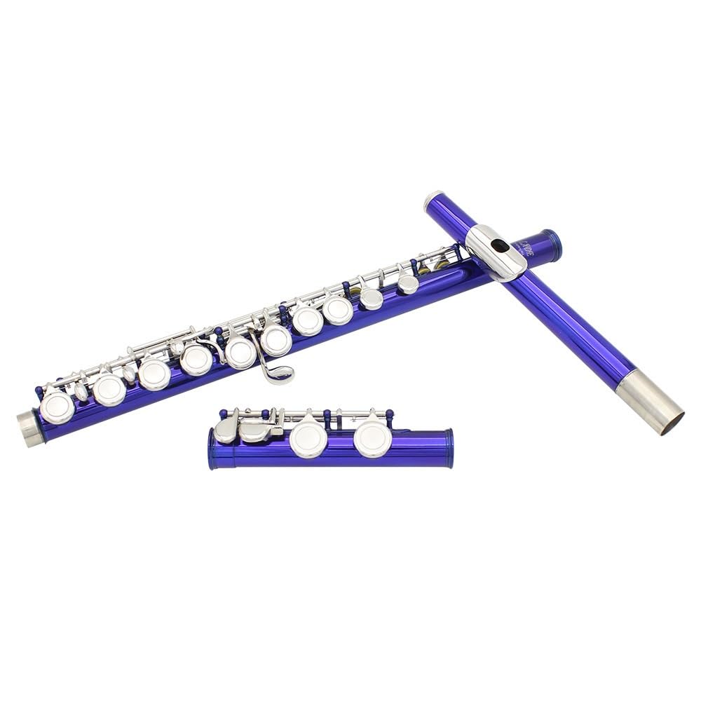 Flauta azul de 16 orificios, tecla C, cuerpo de tubo de cobre blanco, orificio de sonido técnico de dibujo en frío, multicolor opcional, adecuado for principiantes, caja de almacenamiento de cuero y j