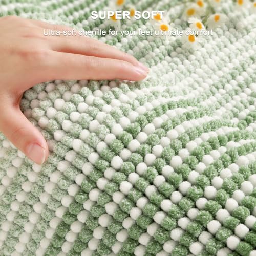 Bathroom Rugs and Mats Sets, 2 Piece Thick Absorbent Chenille Bath Mat Rug Set Non Slip, Soft Shaggy Bath Room Floor Mats for Bathroom, Machine Washable (Light Green, 24" x 70" Plus 20" x 32")