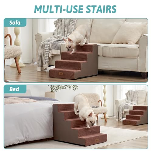 Image of COZY KISS Dog Stairs for Small Dogs 5-Step, 19.7 inch Extra Wide Right-Angle Pet Stairs for Couch and Beds, Anti-Slip Dog Steps for Old Cats and Lowrider, 19.7x29.5x23.6 inch, Brown