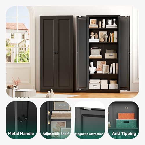 Image of Greenvelly Metal Storage Cabinet, 63 inch H Black Metal Storage Cabinet with Doors and 4 Shelves, Lockable Steel Cabinets for Living Room, Office, School (Black - Modern)