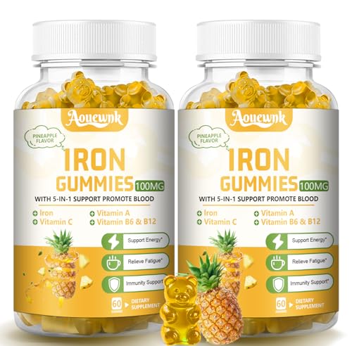 Aouewnk 2 Packs 100MG Iron Supplements Gummies for Women & Men - Contains Vitamin C, A, B - Suitable...