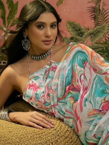 Image of SIRIL Women's Cotton Linen Printed Zari Border Saree with Unstitched Blouse Piece