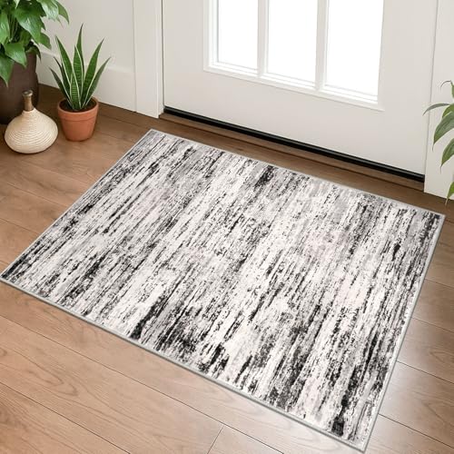 Lansny Modern Abstract Entryway Rug Indoor 2x3 Washable Rug Non-Slip Soft Small Area Rug White Black Grey Taupe Kitchen Mats Thin Print Faux Wool Floor Carpet Throw Rugs for Entrance Bedroom Office