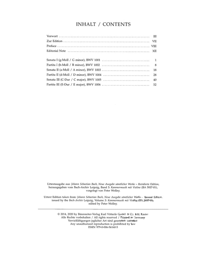 3 Sonatas And 3 Partitas For Solo Violin, BWV 1001-1006 by Bach (2001-08-01)      Sheet music – January 1, 1710