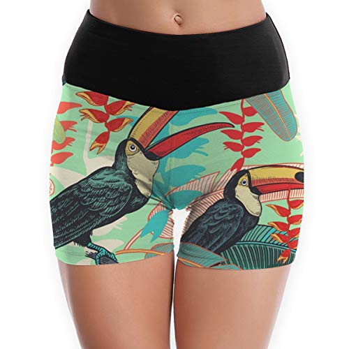 Arthur Women's Stretch Athletic Workout ShortsBirds Toucans On Background Of Tropical Leaves And Flowers.Workout Yoga Shorts L