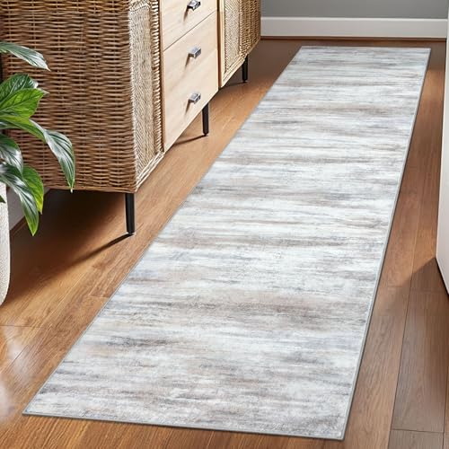 KOZYFLY Modern Abstract Runners for Hallways, 2x7 Kitchen Rugs Non-Slip Washable Soft Striped Kitchen Runner Rugs, Print Distressed Beige Carpet Runner for Entryway Bathroom Laundry Room Foyer