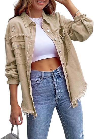 Women's Distressed Denim Jacket Button Down Oversized Jean Jackets Ripped Frayed Shacket Coat Outerwear