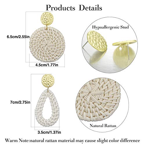 AIDSOTOU Rattan Earrings for Women Lightweight Geometric Statement Earrings Handmade Straw Wicker Braid Teardrop Hoop Drop Dangle Earrings 4 Pairs (Style-4)4