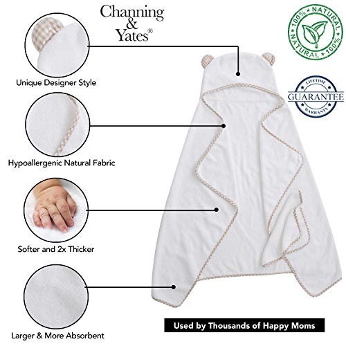 Image of Channing & Yates Premium Boutique Hooded Baby Towels and 6 Washcloth Set - Organic Viscose Made from Bamboo Baby Towel with Hood Gift Bundle (Beige Set)