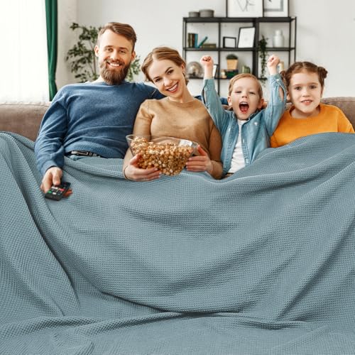 Image of PHF 100% Cotton Waffle Big Family Oversized King Blanket, 120 inch X 120 inch Ocean | Pre-washed Natural Soft Cozy Lightweight Breathable, Textured Decorative Layer for Bed Guest Room, Machine Washable, Giftable