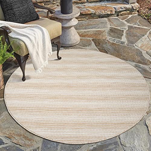 carpet city Outdoor Teppich Terrasse Wetterfest - 120x120 cm Rund - Balkonteppich Beige - Streifen...