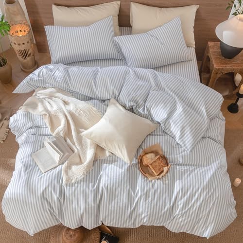 Image of MooMee Striped Duvet Cover Set 100% Washed Cotton Linen Like Alaska King | Relaxed Linen-like Texture. Soft, Breathable & Long-lasting Comfort. Lightweight. Hidden Zipper with 8 Interior Corner Ties