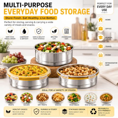 Image of Stainless Steel Airtight Round Container with Leak Proof Lid | BPA Free Food Storage Lunch Box for Office College School Home Travel | 280 ml Capacity Tiffin Box | Set of 3