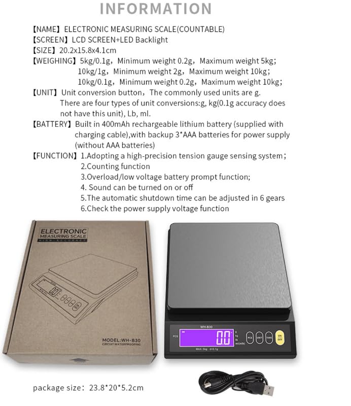 VIHELM WH-B30 Digital Kitchen Scale with packaging and USB cable