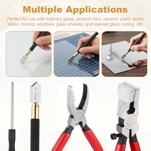 7 Pcs Premium Glass Running Breaking Pliers and Glass Cutter Kit, Glasses Cutting Tools, Heavy Duty Glasses Cutting Tool with Rubber Tip for Mosaics, Tile, Fusing, Breaking