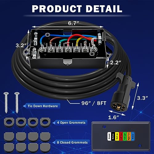 Image of CheeMuii 7 Way Trailer Wiring Harness Kit 8 FT Trailer Cord with 7 Pin Trailer Plug and Junction Box Kit Premium Light and Brake Wiring Wires for Trailer RV