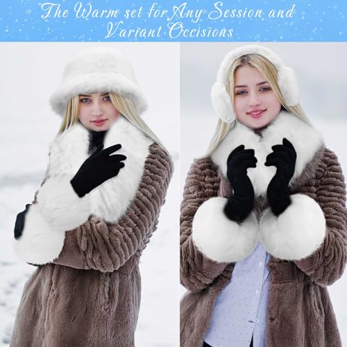 Winter Faux Fur Collar Scarf Wrap Winter Fuzzy Bucket Hat Ear Muffs Foldable Faux Fur Wrist Cuffs Set for Women 5