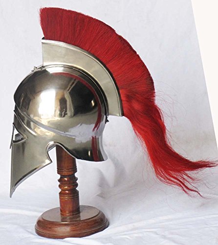 Image of AnNafi Medieval Greek Corinthian Helmet Armour, Red Plume Steel Helmet Replica, Roleplay Costumes, Roman Knight Spartan LARP Costume