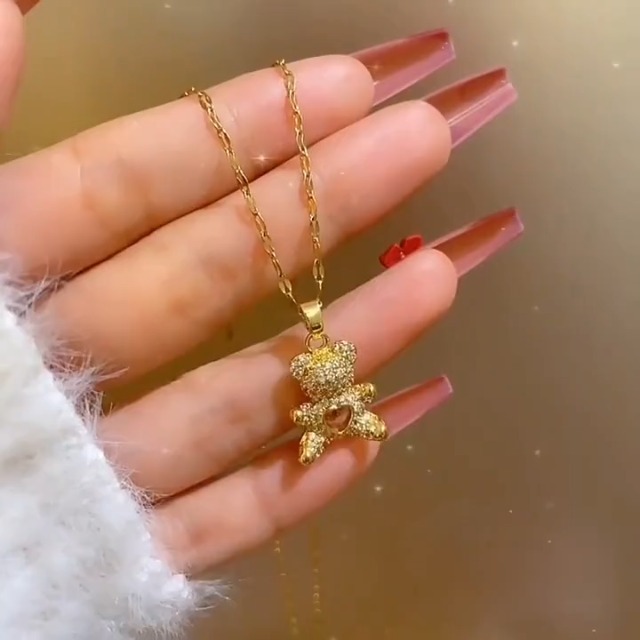 Collana Con Ciondolo Orsetto E Cuore Rosa Zirconi E Strass - Catenina Oro 50 Cm - Regalo Per Donna E Ragazza - 5