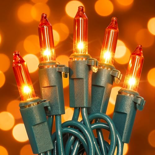 Hopolon Orange Halloween Lights, 13 FT 50 Count Christmas Lights Green Wire
