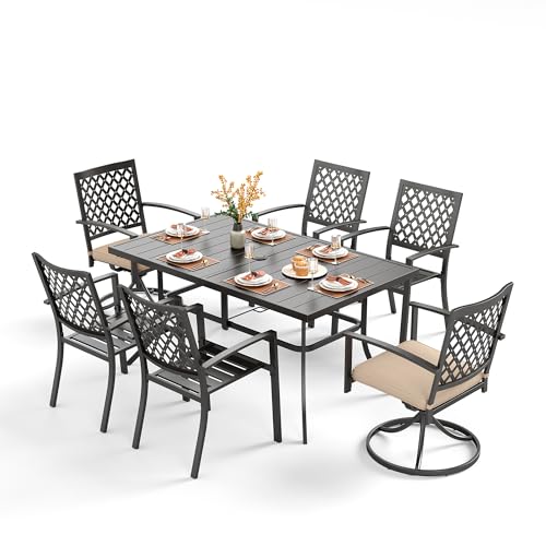 Image of PHI VILLA 7 Pieces Outdoor Dining Set for 6, 59 inch Rectangle Wrought Iron Table with Umbrella Hole & Swivel Fixed Chairs with Cushions, Modern Metal Furniture for Patio, Deck, Yard, Porch