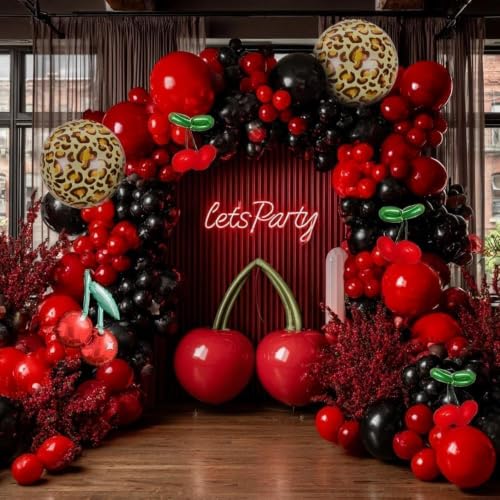 Image of Red Black Balloon Arch Kit Double Stuffed Burgundy Black Maroon Balloon Garland Cherry Cheetah Print Balloons for Birthday Bridal Baby Shower Bachelorette Graduation Halloween Party Decorations