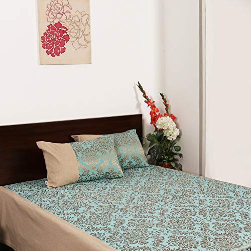 Image of Self Design Cotton Jacquard bedcover for Double Bed with 2 Pillow Covers (Turquoise)
