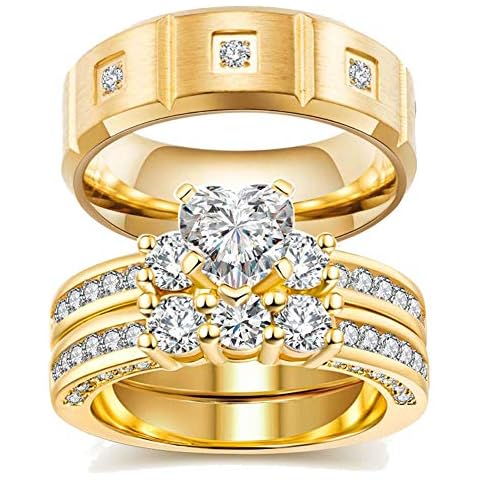 Gy Jewelry His and Hers Wedding Ring Sets Couples Matching Rings Women Yellow Gold Plated Cubic Zirconia Wedding Engagement Ring Bridal Sets & Men's Stainless Steel Wedding Band Cover