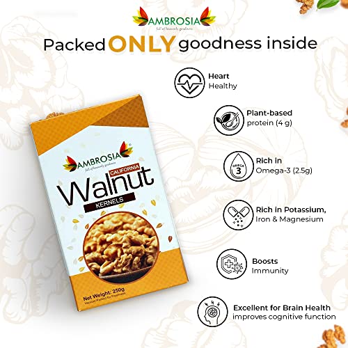 Image of Ambrosia California Walnut Kernels (Akhrot Giri) 1kg (Pack of 4 x 250g) | Extra Light Halves | Premium Shelled Walnuts | Healthy Dry Fruits | Rich in Omega-3