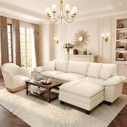 PHI VILLA Cloud Modular Couch Sets with Swivel Accent Chair, 123.6" Sectional Sofa with L-Shaped Chaise, 4-Seater Upholstered Couches with Movable Ottoman for Living Room, Corduroy Fabric, Beige