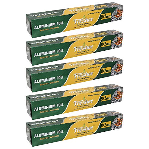 Image of Freshee 9 Plus 2 m Aluminium Silver Kitchen Foil Roll Paper Pack of 5|11 Micron Thick|Food wrap|Disposable Food Parcel|Fresh Food|Food Grade